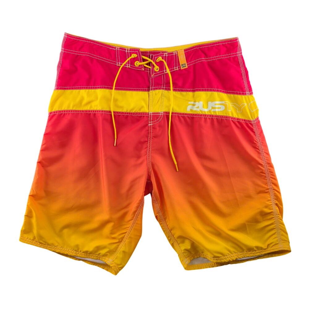 Vintage Y2K Rusty Board Shorts Men's 38 Red Panel Gradient Surf Beach Skater